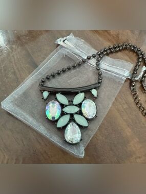 Gun Metal Chain with Pale Green Stones and Jewels Necklace
